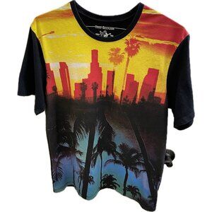 True Religion Shirt Mens Large Black Sunset City Allover Print Los Angeles Retro